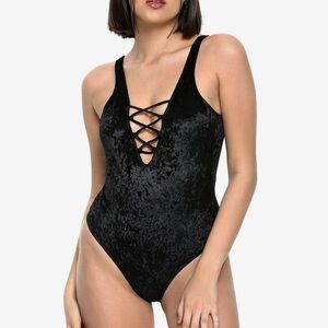 Hot Topic Black Velvet Lace Up One Piece Swimsuit